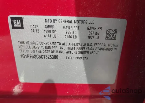 2012 Chevrolet Cruze 1Lt из США, поврежденный, VIN 1G1PF5SC5C7325300